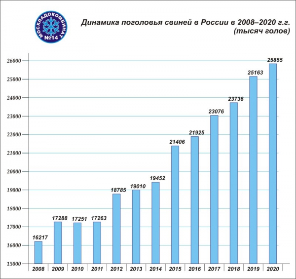 Динамика поголовья свиней в хозяйствах всех категорий в России 2008-2020 годах